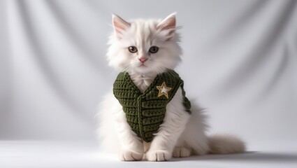 Adorable cat wearing military vest studio setting photography cute playful look