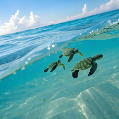 Obraz premium pacific green turtle offspring in sea