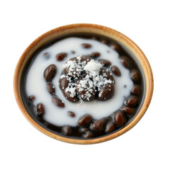Overhead Shot of Bubur Ketan Hitam Black Glutinous Rice Porridge with Coconut Milk and Brown Bowl on a Transparent Background Culinary Still Life Ready for Decoration