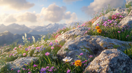 A stunning 4K 3D nature scene showcases vibrant wildflowers blooming among realistic rocks with a beautiful mountain vista and cloudy sky in the background.