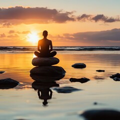 Silhouette of person meditating on rock at sunset over water