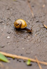 yellow snail on muddy soil