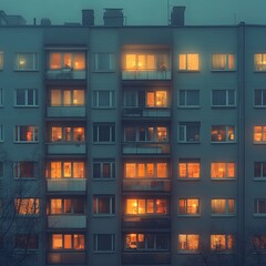 An enchanting nighttime view of an apartment building that beautifully showcases illuminated windows against a foggy urban environment, creating a captivating atmosphere of city life