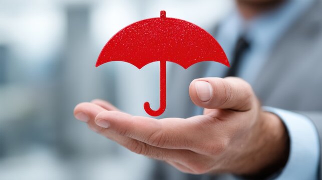 Businessman holding a red umbrella icon in his hand symbolizing insurance protection, financial safety, coverage policies, and security services in corporate and personal risk management