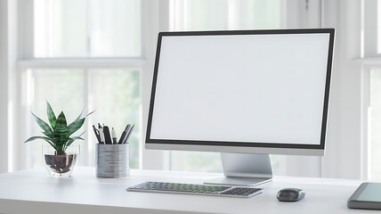 Modern Workspace Setup Sleek Desktop Computer with Blank Screen on White Desk near Window, Ideal for Productivity and Creative Work