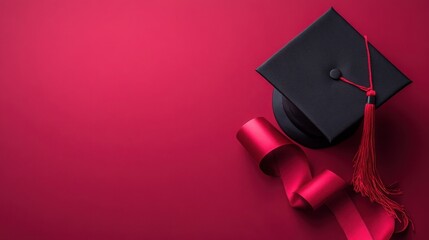 Graduation Cap Red Ribbon and Maroon Background Academic Achievement Concept