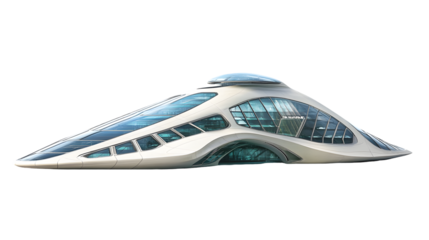 Futuristic, sleek, white dwelling with extensive glass windows and a curved design.  Offers panoramic views