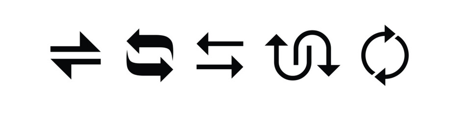 Swap Arrow Icons Set. Black Direction and Navigation Symbols for Web Design, Mobile UI, App Interface, Sync, Repeat, Refresh, Loop, Transfer, Swap, U-Turn, Recycle, Exchange, Interaction Arrows