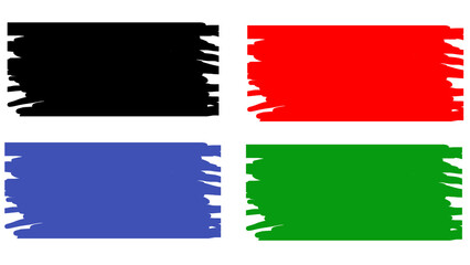 Abstract brush stroke shapes in black, green, and red colors, brush