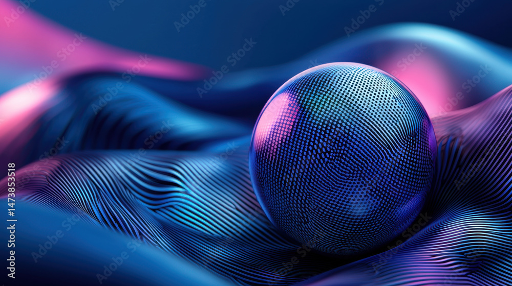 Poster Captivating side angle view in 4K of a realistic 3D spherical object resting on a textured modern art background with dynamic waves and subtle color gradients.