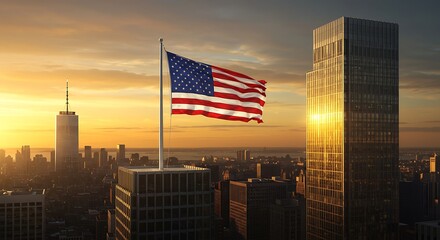 American Flag Waving Over New York City Skyline