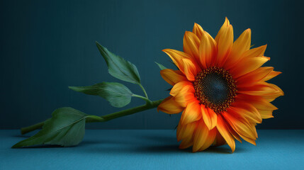 A vibrant sunflower with orange petals and a dark center rests gently on a teal surface with soft green leaves, presented in a studio setting for a warm effect.