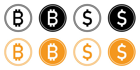 Bitcoin and dollar coin icons set in black, white and gold color. Cryptocurrency and finance currency symbols in circle outline and solid fill styles. Isolated vector illustration.