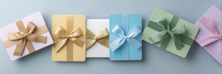 Floating Gift Cards Showcase Colorful Designs and Bows Arranged in a Neat Center on a Soft Blue Surface, Perfect for Any Celebration or Occasion