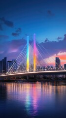Naklejka premium Illuminated cable bridge spans city skyline, reflecting water.