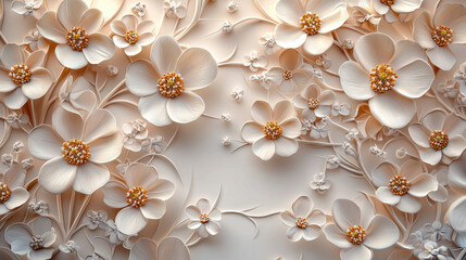 Minimalist floral art shows realistic 4K rende with a cream 3D background displaying soft flower shapes and artistic design, elegant and refined style.