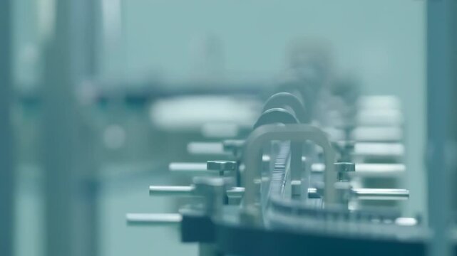 Production of medical dietary supplements vial filling line, Glass Bottles of Medicine or Vaccine on a Conveyor Belt Product Line at pharma factory