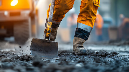 Construction Worker Using Shovel on Site