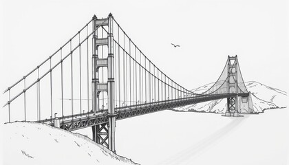 Naklejka premium Golden Gate Bridge, San Francisco, side profile sketch with bridge span crossing image horizontally. Use consistent line spacing for cables. Fog not shown. No vehicles or birds.