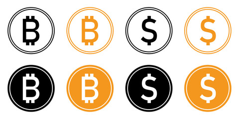Obraz premium Bitcoin and dollar coin icons set in black and golden color. Cryptocurrency and finance currency symbols in circle outline and solid fill styles. Isolated vector illustration.