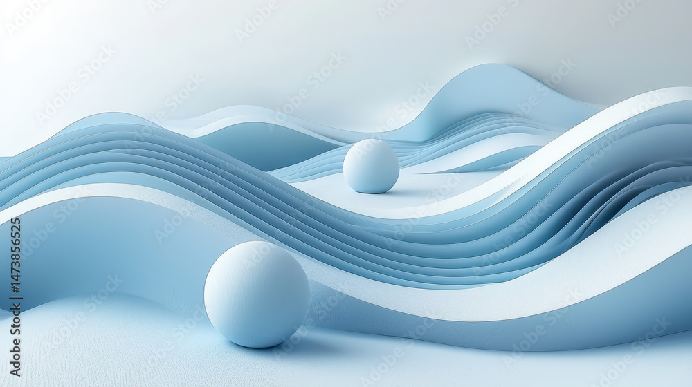 Poster minimalistic 3d background showcasing realistic side view of smooth, light blue wave forms with two 