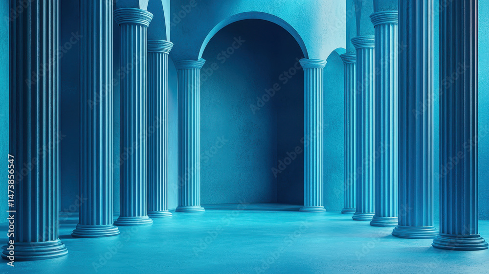 Poster a minimalistic 3d rendered background depicts classic columns and arches in realistic 4k with subtle