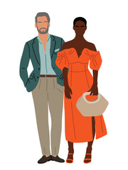 Colorful flat vector illustration of interracial couple, african american woman in summer dress and caucasian man in smart casual outfit standing together, isolated on transparent background