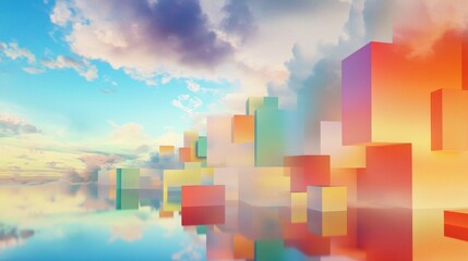 Fototapeta premium Pastel cubes reflect in calm water under a sky.