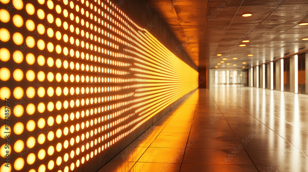Poster a realistic 4k rende showcases a modern corridor with a side angle view, featu an array of illuminat