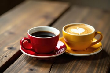 Obraz premium Two cups of coffee, one dark and one with latte art, rest on saucers on a wooden table.
