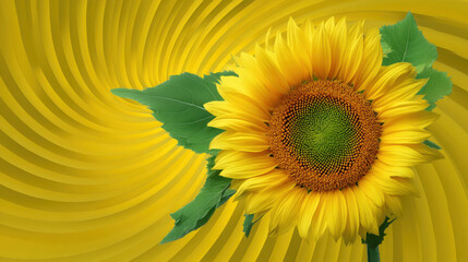 Fototapeta premium A vibrant sunflower with bright yellow petals and green leaves is set against a swirling abstract yellow background, creating a warm and inviting image effect.