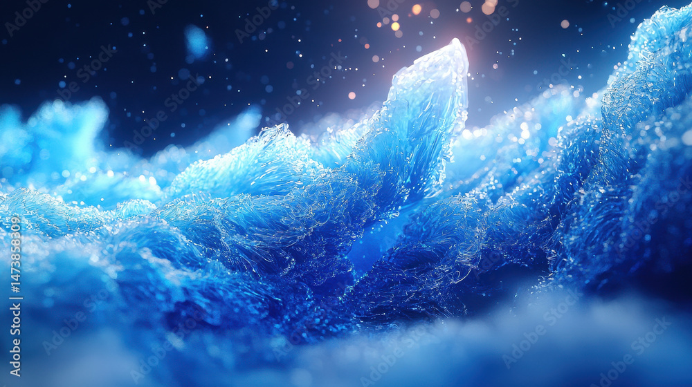 Poster an abstract 3d layered background in realistic 4k shows side angle view of dreamy blue graphics with