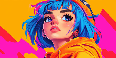 Obraz premium Vibrant young woman with blue hair and colorful makeup