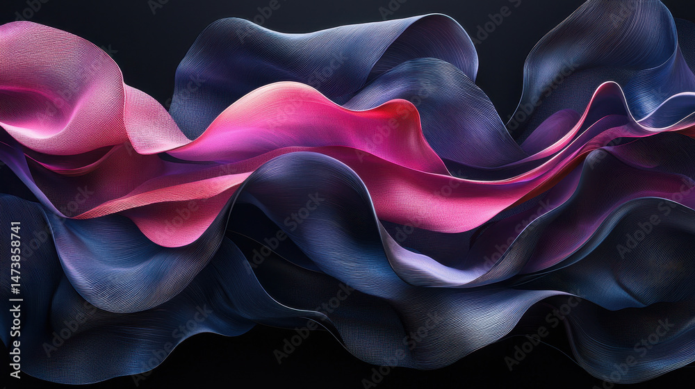 Poster abstract layered background of flowing pink and blue waves in a 4k resolution 3d render, showing a s