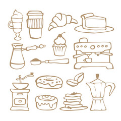 Coffee house vector set in brown color. Line art clip art with cup of coffee, paper cup, ice coffee, coffee pot, filter, geyser coffee maker, coffee maker, coffee machine. 