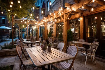 Fototapeta premium Cozy cafe patio with bistro tables and string lights.