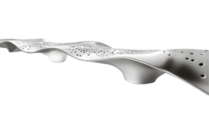 Abstract 3D rendering of a flowing, undulating structure with textured surface and perforations