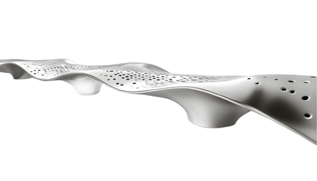 Abstract 3D rendering of a flowing, undulating structure with textured surface and perforations