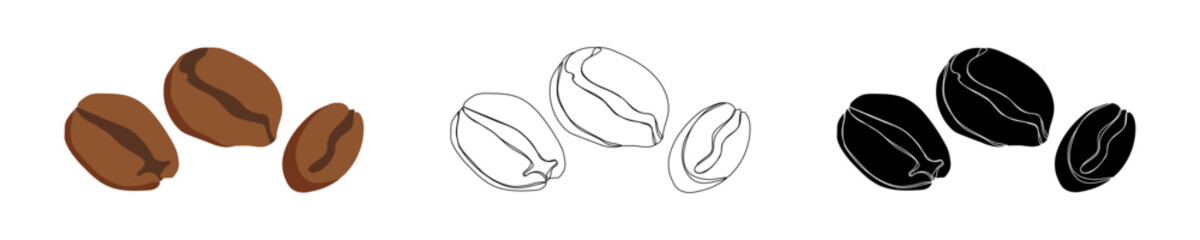 Set of three coffee beans illustrated in full color, black outline, and solid silhouette styles for branding, design, or packaging