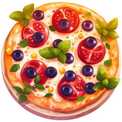 Colorful Cartoon Pizza with Toppings – Tasty Italian Food Illustration