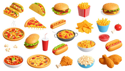Fast food 3d realistic render icon set. Pizza, taco, hamburger, fries potatoes, ramen noodle soup, hot dog, popcorn, chicken leg,