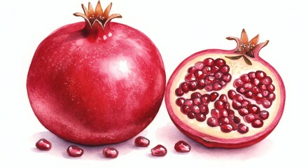 Vivid watercolor pomegranate duet with seeds