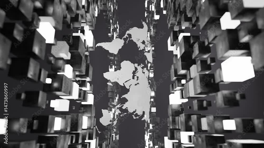 Wall mural digital world map surrounded by floating white 3d cubes in virtual space. futuristic abstract illust