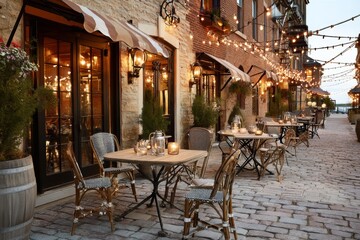 Cozy cafe patio with bistro tables and string lights.