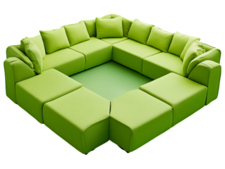 A large, lime-green sectional sofa, modular design, multiple cushions, creates a square shape with a central space