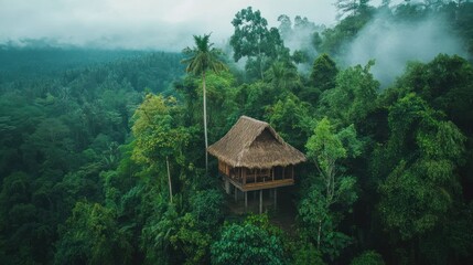 Serene jungle hideaway: Elevated hut amidst lush rainforest canopy under hazy sky