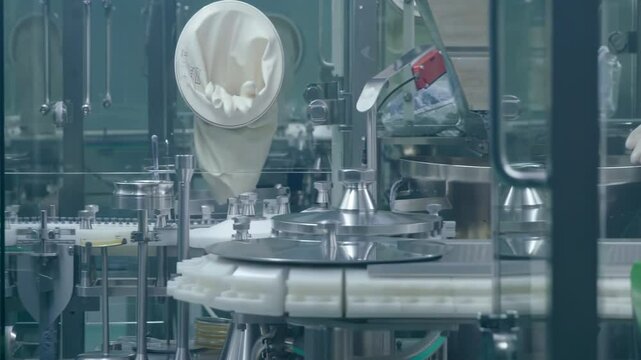 Pharmaceutical manufacturing processes line at pharma factory. Production of medical dietary supplements, Glass Bottles of Medicine or Vaccine on a Conveyor Belt Product Line