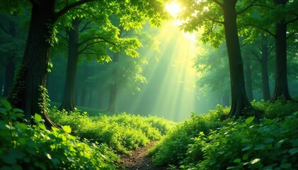 Obraz premium Lush green forest, sunlight dappling through leaves , foliage, flora