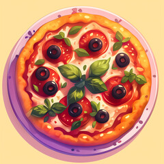 Colorful Cartoon Pizza with Toppings – Tasty Italian Food Illustration