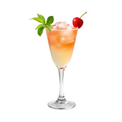 Fototapeta premium Refreshing Cocktail in Stemmed Glass with Cherry and Mint Transparent Background Gradient Hues from Creamy White to Light Orange Ice Cubes High Angle Shot